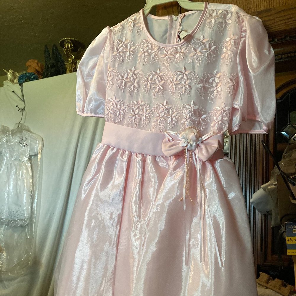 DRESS OKIE DOKI PINK EMBROIDERY FLOWERS WITH BOW